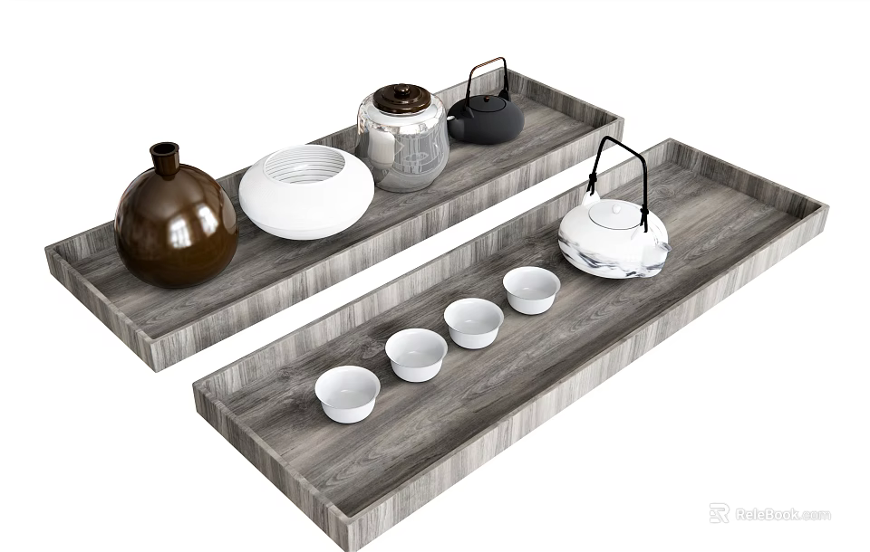 Elegant Tea Set with Teapot Teacups and Jars on Wooden Trays for Home Use 3d model 