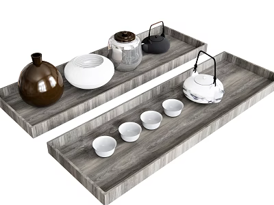 Elegant Tea Set with Teapot Teacups and Jars on Wooden Trays for Home Use 3d model