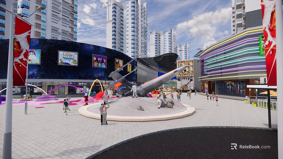 Modern Commercial Plaza Landscape with High-Rise Buildings Colorful Facades Large Screens and People in Activity 3d model 
