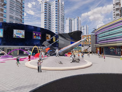 Modern Commercial Plaza Landscape with High-Rise Buildings Colorful Facades Large Screens and People in Activity 3d model