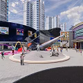Modern Commercial Plaza Landscape with High-Rise Buildings Colorful Facades Large Screens and People in Activity