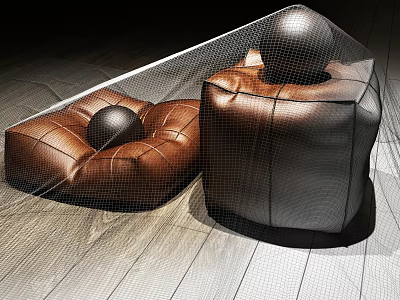 Leather Ottoman Furniture with Brown and Black Design and Decorative Balls on Wooden Floor 3d model