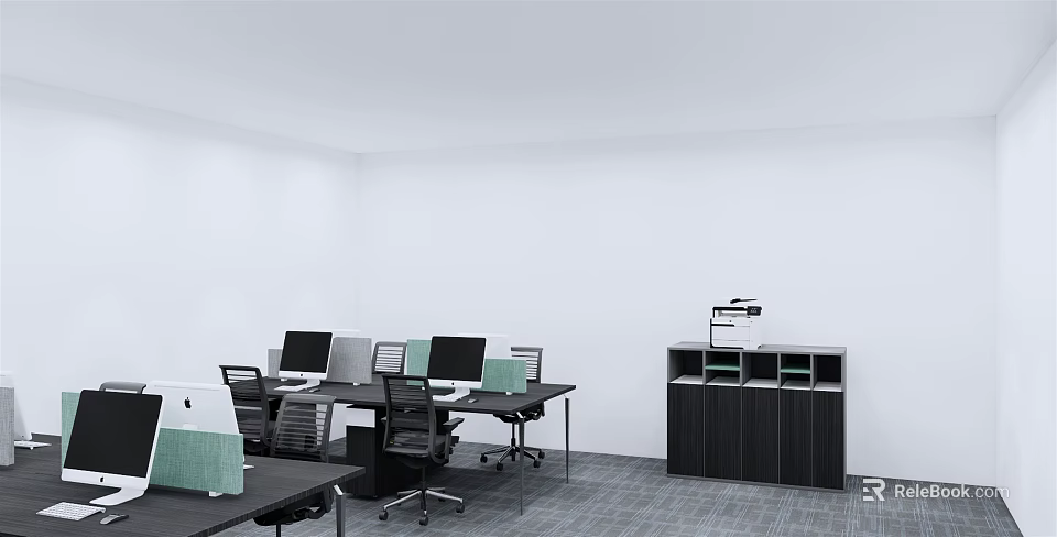 Modern Office Desks With Computer Monitors Ergonomic Chairs And Storage Cabinet 3d model 