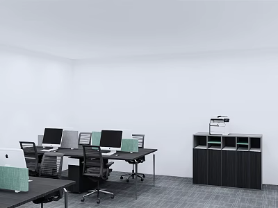 Modern Office Desks With Computer Monitors Ergonomic Chairs And Storage Cabinet 3d model