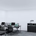 Modern Office Desks With Computer Monitors Ergonomic Chairs And Storage Cabinet