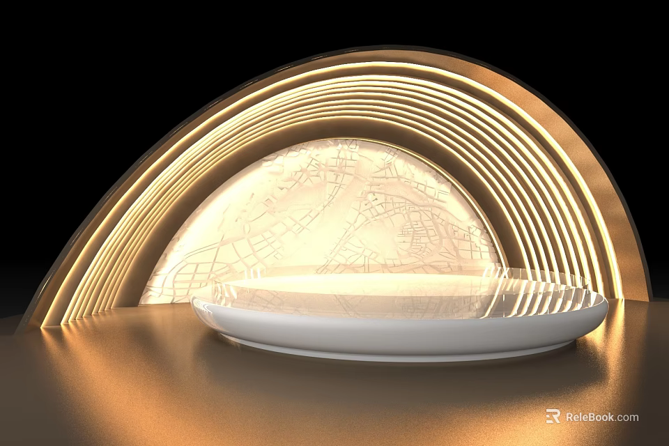 Modern Decorative Object With Golden Arc Illuminated Transparent Sphere And White Base 3d model 