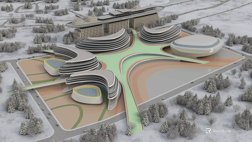 Modern Streamlined Building Complex With Green Areas Trees And Snowy Landscape 3d model