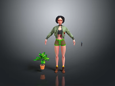 Game and Movie Female Character in Green Jacket with Striped Shorts Potted Plant and Gun 3d model