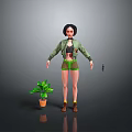 Game and Movie Female Character in Green Jacket with Striped Shorts Potted Plant and Gun