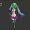 Anime Character With Teal Long Hair Twin Ponytails Red Accessories White Top And Purple Skirt