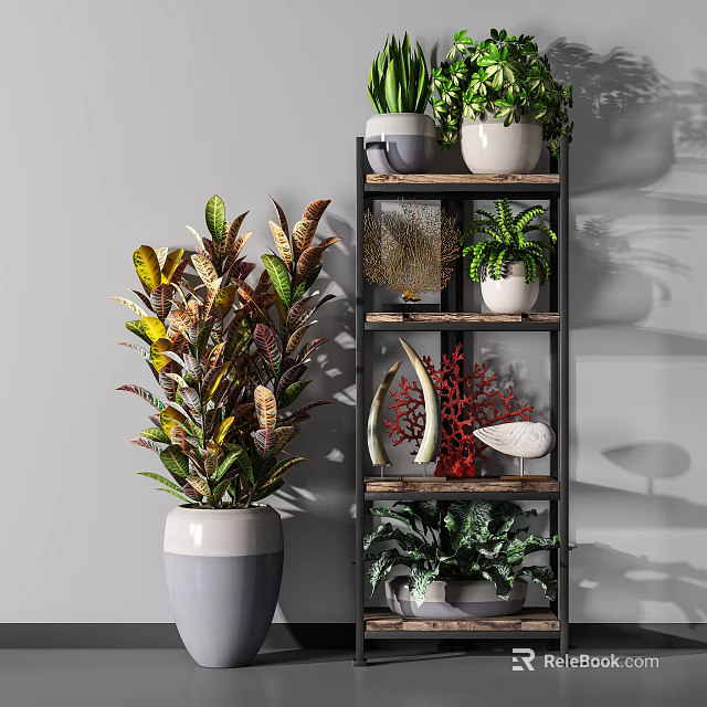 Indoor Bonsai Plants Arrangement On Multi Tiered Shelf With Colorful Foliage And Decorative Pieces 3d model 