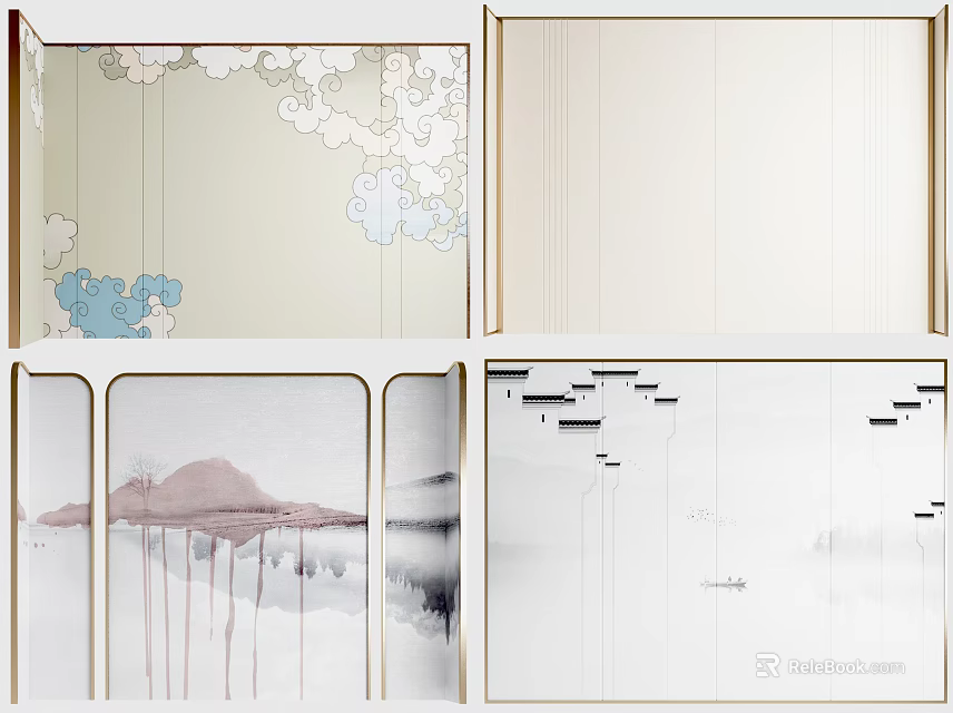 Elegant Background Wall Design With Cloud Art And Ink Style Mountain Patterns 3d model