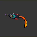 Cartoon Bird In Red Headscarf On Blue Rocket With Red Flames Purple Star Yellow Particles