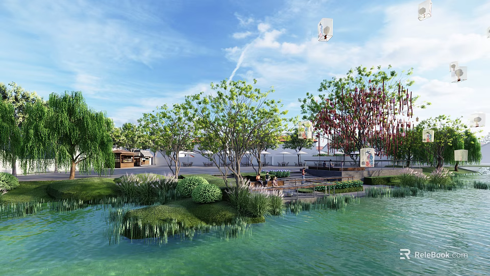 Plaza Landscape With Water Area Green Trees Reeds And Blue Sky Clouds 3d model 