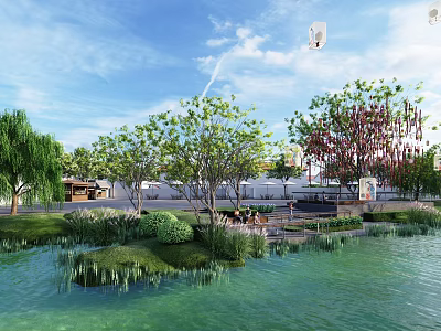 Plaza Landscape With Water Area Green Trees Reeds And Blue Sky Clouds 3d model