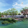 Plaza Landscape With Water Area Green Trees Reeds And Blue Sky Clouds