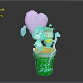 Yellow Cream Dessert in Green Cup with Cartoon Characters and Pink Hearts