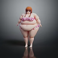 Red Haired Plus Size Female Character In Pink Polka Dot Bikini Standing Against Dark Background