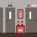 Fire Safety Equipment Setup With Exit Signs Fire Extinguishers And Doors