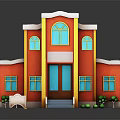 Red Two Story Building With Yellow Trim Blue Windows Front Steps Small Shrubs And Sign