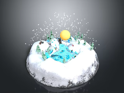 Snow Covered Circular Terrain With Blue Water Area Green Trees Yellow Sphere And Falling Snowflakes 3d model