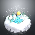 Snow Covered Circular Terrain With Blue Water Area Green Trees Yellow Sphere And Falling Snowflakes