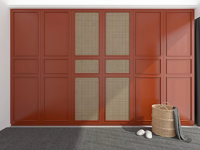 Red Modern Wardrobe With Lattice Panel Design And Woven Basket Slippers On Gray Rug 3d model