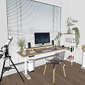 Sunlit Modern Desk By Window With Computer Monitor Chair Potted Plants Telescope Bookshelf And Wooden Floor