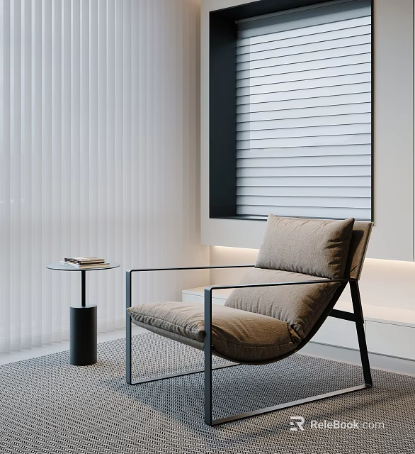 Single Sofa With Metal Frame And Comfortable Cushion By White Blinds And Small Side Table 3d model 