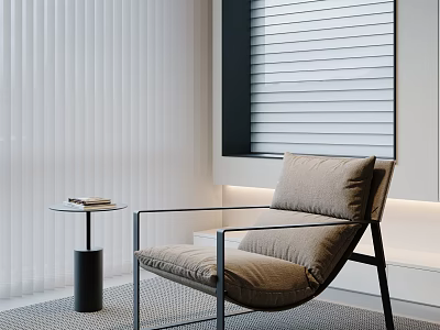 Single Sofa With Metal Frame And Comfortable Cushion By White Blinds And Small Side Table 3d model