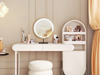 White Dressing Table with Round Mirror Tiered Shelf Cosmetics and Pouf Stool 3d model