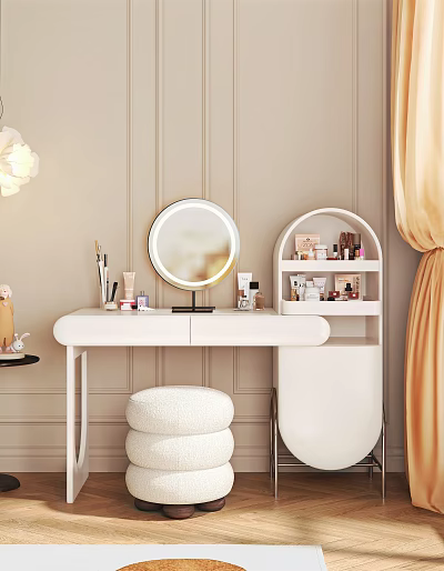 White Dressing Table with Round Mirror Tiered Shelf Cosmetics and Pouf Stool 3d model