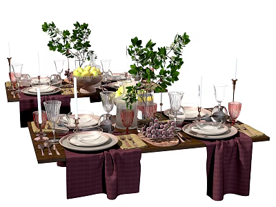 Elegant Dinnerware Set With Plates Wine Glasses Candles Green Plants Fruits And Napkins 3d model