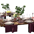 Elegant Dinnerware Set With Plates Wine Glasses Candles Green Plants Fruits And Napkins