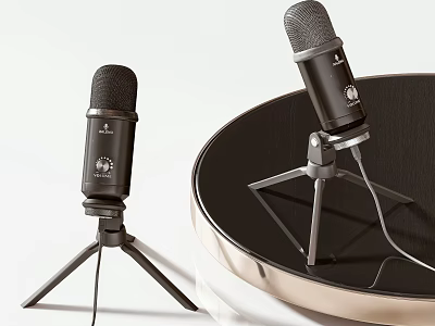 Professional Black Audio Microphones With Tripod And Silver Stands On Circular Surface 3d model