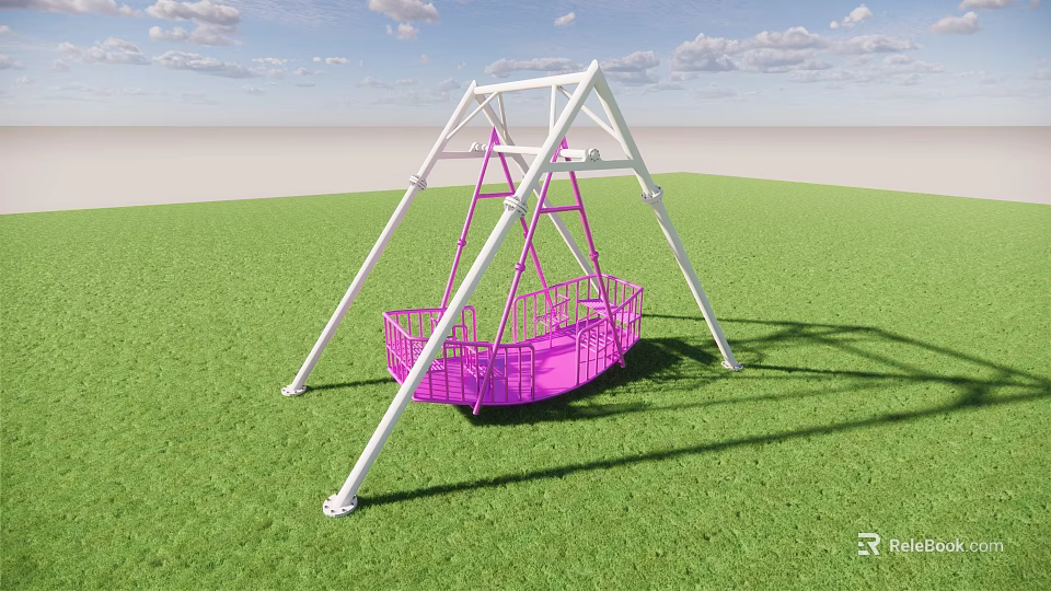 Outdoor Playground Equipment Pink Swing With White Frame On Green Grass Area 3d model 