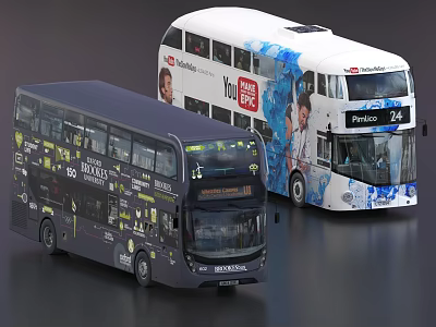 Two Double Decker Buses With Advertisements And Urban Route Numbers 3d model