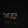Woven Frame Armchair With White Cushions Orange Pillow And Black White Checkered Seat