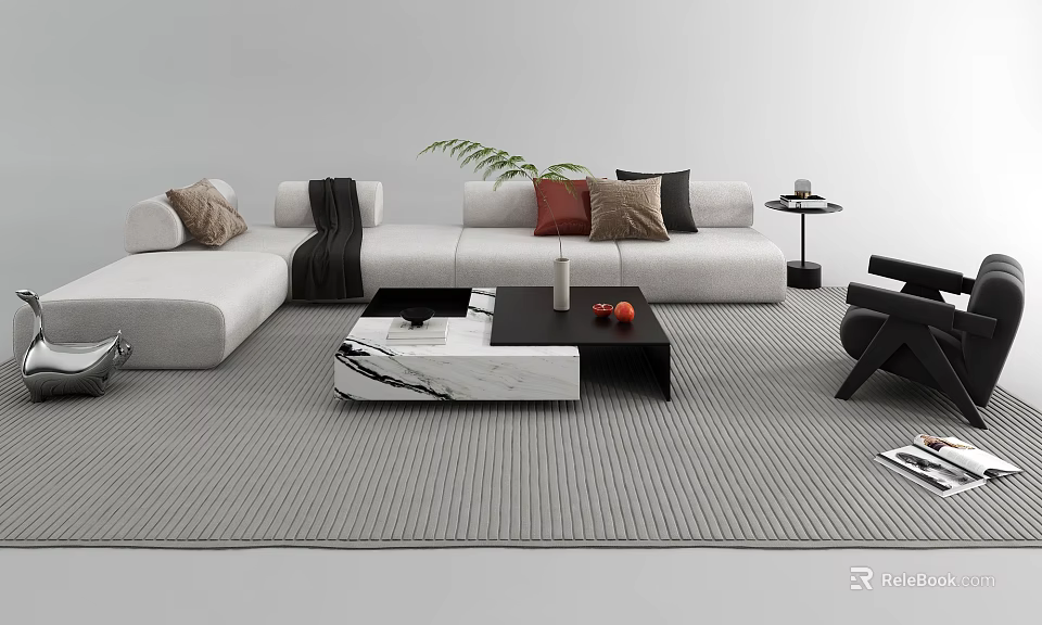 Modern Sofa Coffee Table Set With Marble Top Decorative Pillows And Living Room Rug 3d model 