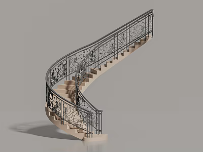 Elegant Spiral Staircase With Carved Metal Railing And Light Colored Steps 3d model