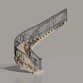 Elegant Spiral Staircase With Carved Metal Railing And Light Colored Steps