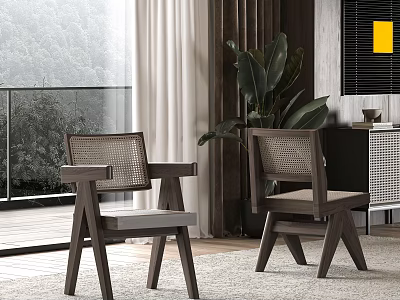 Wooden Woven Backrest Chairs In Indoor Space With Floor to Ceiling Window And Green Plants 3d model