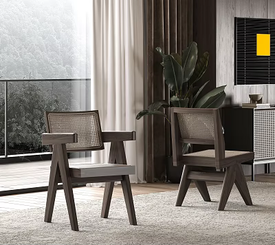 Wooden Woven Backrest Chairs In Indoor Space With Floor to Ceiling Window And Green Plants 3d model