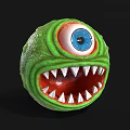 Green Monster Sphere With Single Large Blue Eye Open Mouth And Sharp White Teeth 3d model