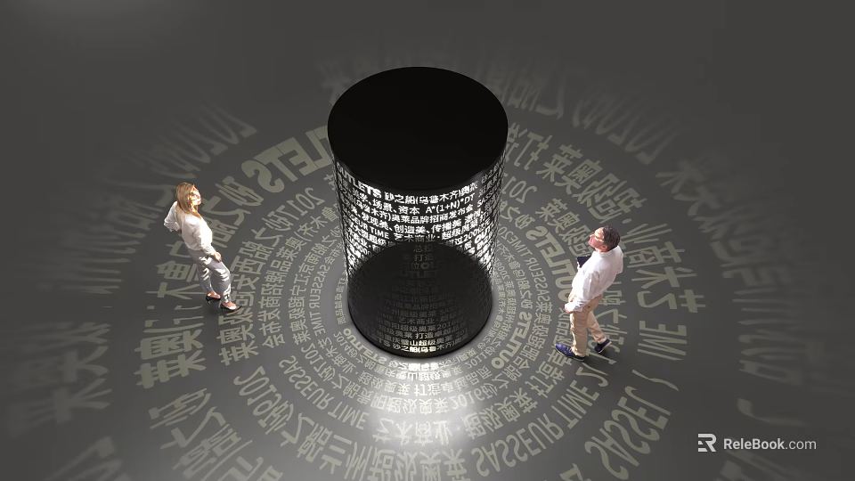 Two People Observing Black Cylindrical Structure With Surrounding Text And Light 3d model