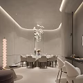 Modern Private Dining Room Interior With Dining Table Chairs Chandelier And Circular Mirror