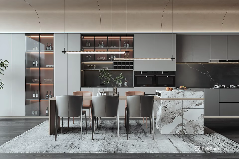 Modern Restaurant Interior With Open Design Marble Island Grey Cabinets Dining Table And Hanging Lights 3d model 