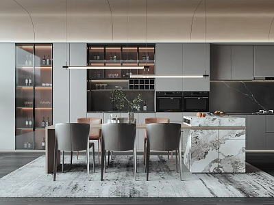 Modern Restaurant Interior With Open Design Marble Island Grey Cabinets Dining Table And Hanging Lights 3d model