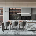 Modern Restaurant Interior With Open Design Marble Island Grey Cabinets Dining Table And Hanging Lights