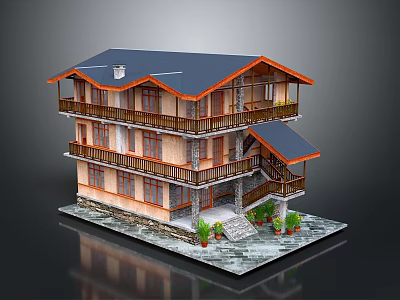 Cartoon Style Three Story House With Blue Roof Orange Eaves And Wooden Balconies 3d model